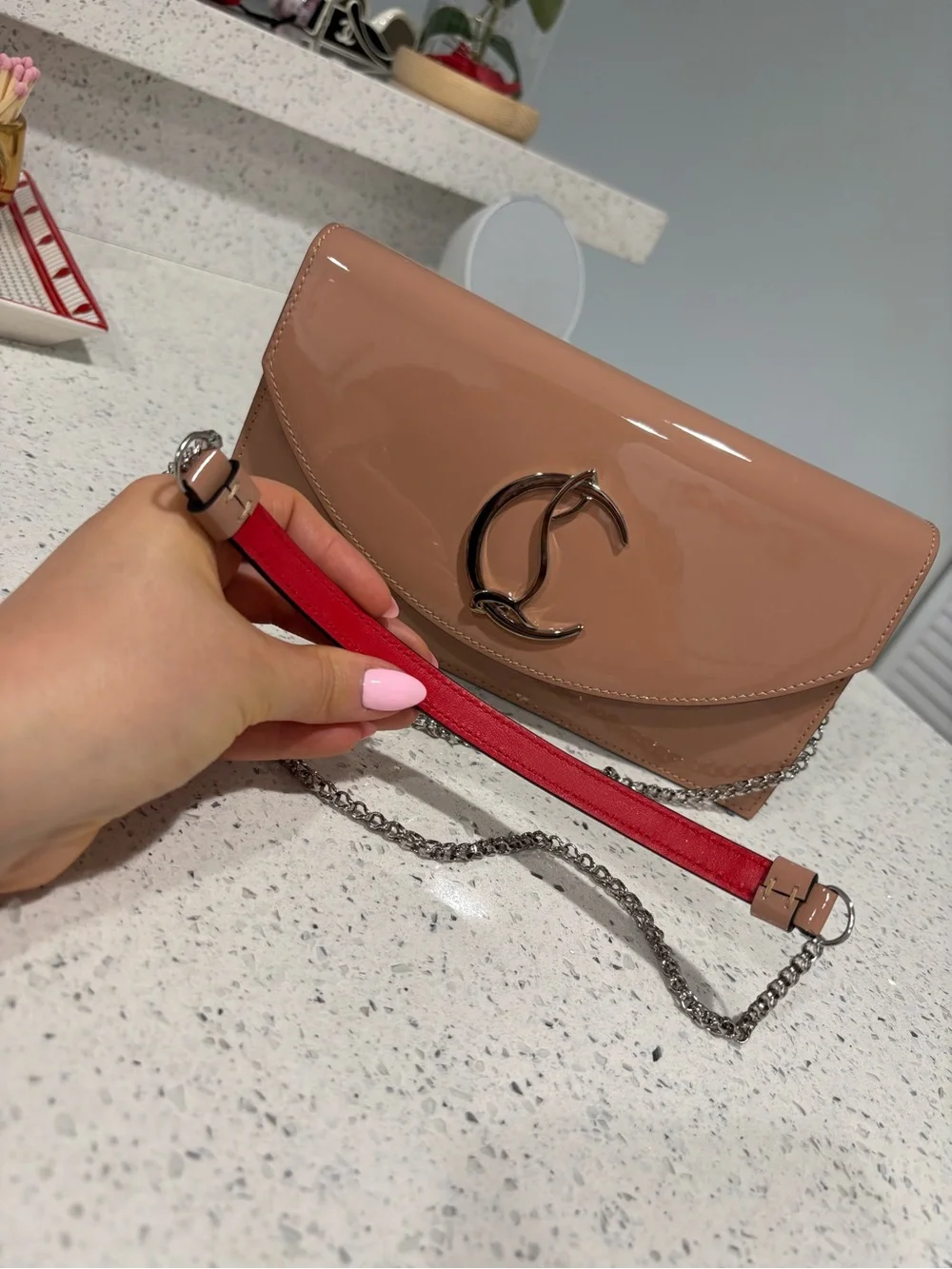 Christian Louboutin Blush Patent Leather Clutch with Removable Chain